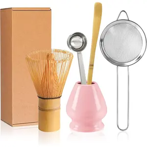 Matcha Whisk Set Matcha Making Kit Bamboo Chasen Ceramic Whisk Holder Stand Sifter Scoop Japanese Tea Tools Solid Pink