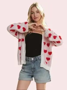 ADORA Fuzzy Heart Valentines Day White Cardigan - Soft Fabric, Button Front, Classic Design, Ideal for Layering, Versatile Style Basic Cute Womenswear