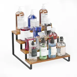 4 Step  Countertop Display Riser Stand,Wooden Display Riser Shelf, Rack Organizer,Countertop Display Shelf for Perfume,Makeup,Figure, Bottles,Jars,Baking Supplies (Rustic Brown)