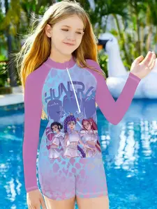 Girls' One-Piece Swimsuit, Camo Style, Camo Pattern, All over Print, Quick-Dry Sun Protection Long Sleeve Swimwear