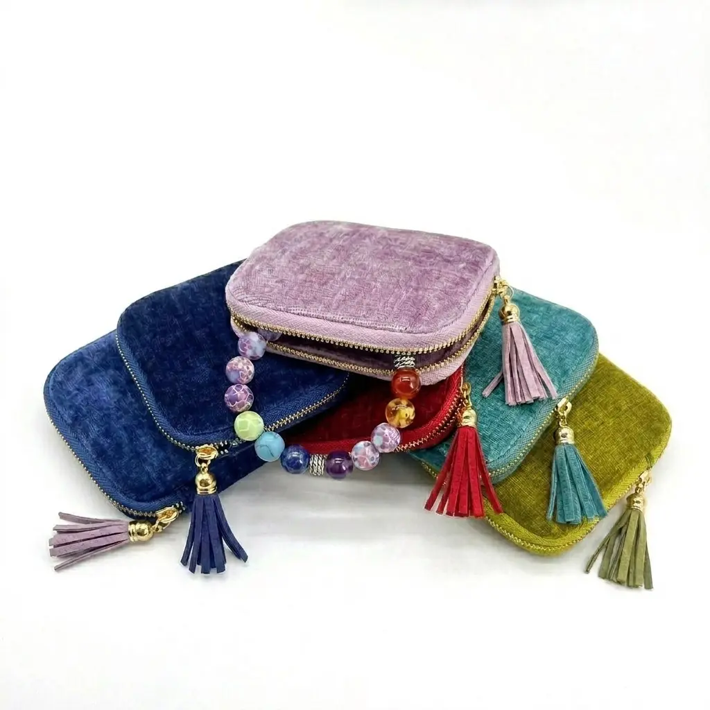 Velvet Jewelry Organizer Bag with Tassel Zipper, Multi-Compartment Travel Case for Necklaces, Rings, Earrings, Bracelets, Portable Velvet Jewelry Storage Pouch, Compact Jewelry Organizer for Travel & Home Use mini box
