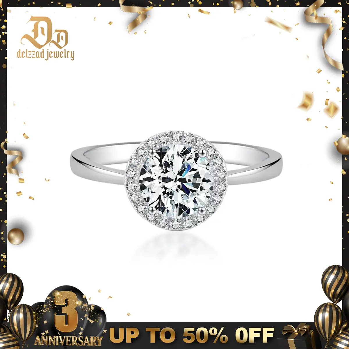 Delzzad Solitaire Halo Ring 2ct Lab-Created Moissanite Engagement Ring Band S925 Sterling Silver Moissanite Jewelry Perfect Christmas Gift