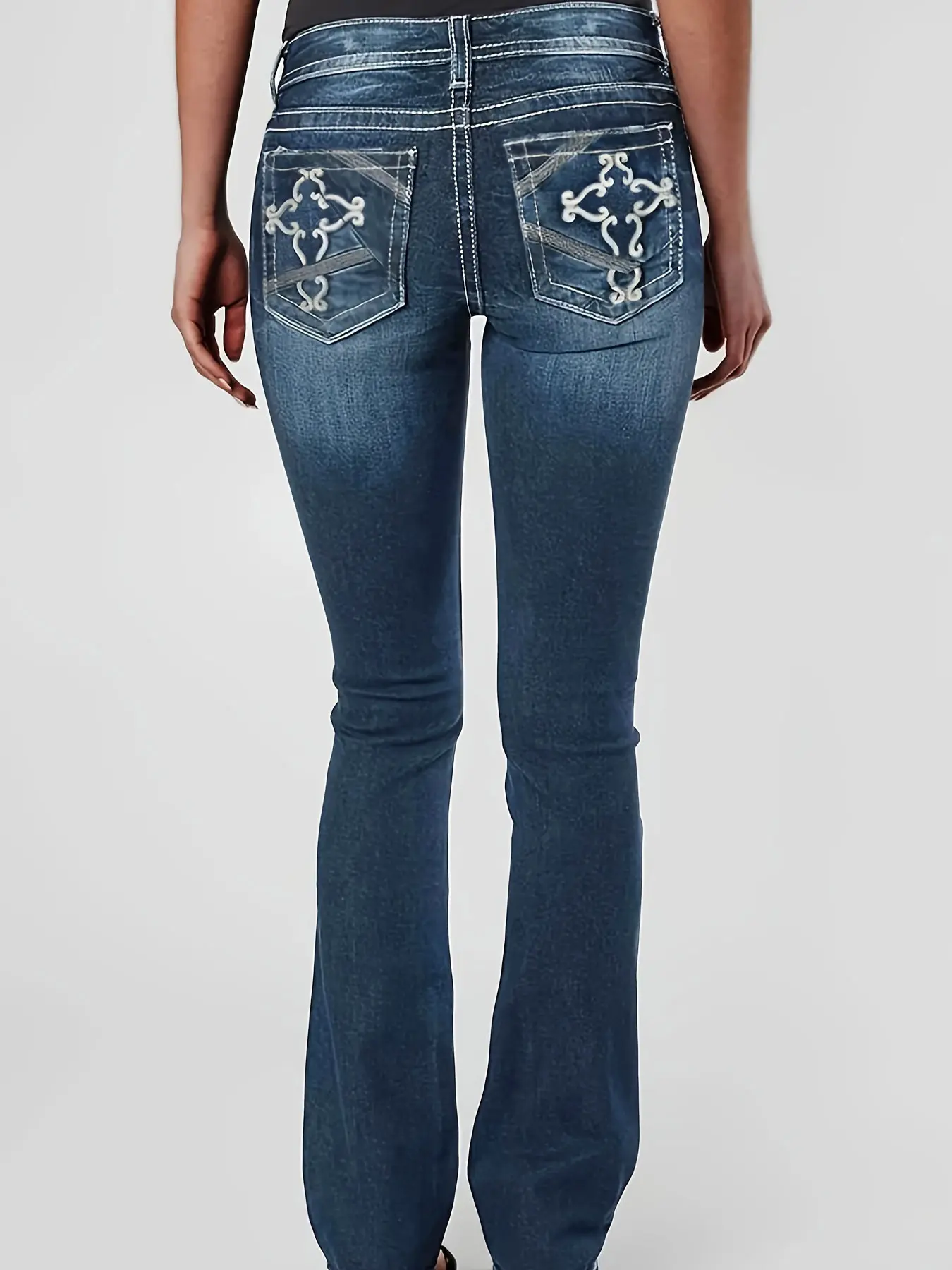 Women High Waist White Scroll Embroidery Back Pocket Bootcut Floor Length Jeans, Dark Blue Gradient Whisker Wash Slim Stretch Flare Denim Pants, Western Vintage Y2K Streetwear