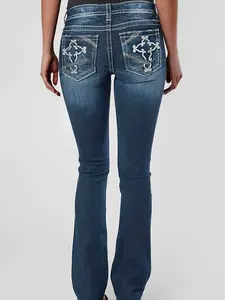 Women High Waist White Scroll Embroidery Back Pocket Bootcut Floor Length Jeans, Dark Blue Gradient Whisker Wash Slim Stretch Flare Denim Pants, Western Vintage Y2K Streetwear
