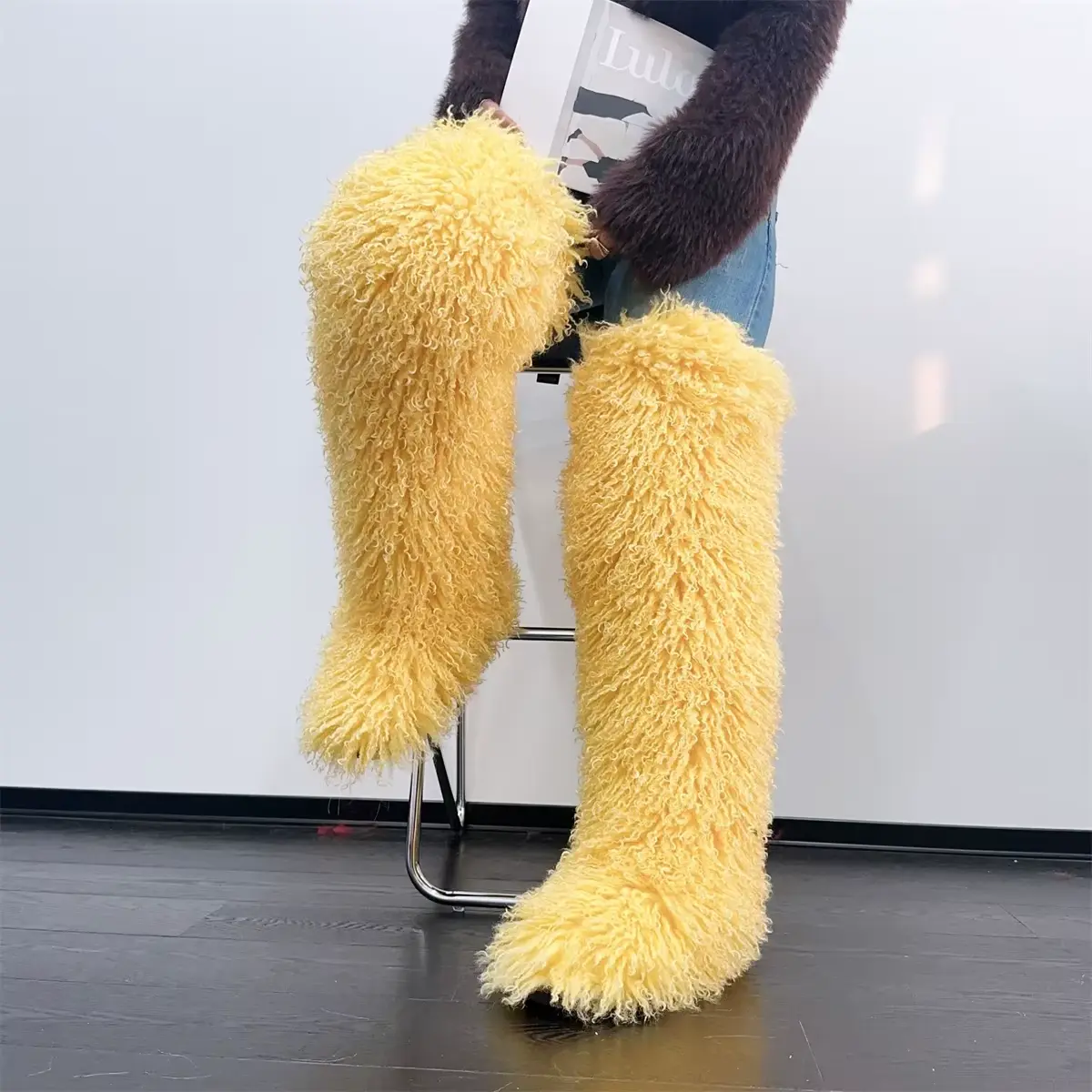Womens Faux Mongolian Thigh Highs Faux Fur Boots Winter Warm with Fur Inside NONE