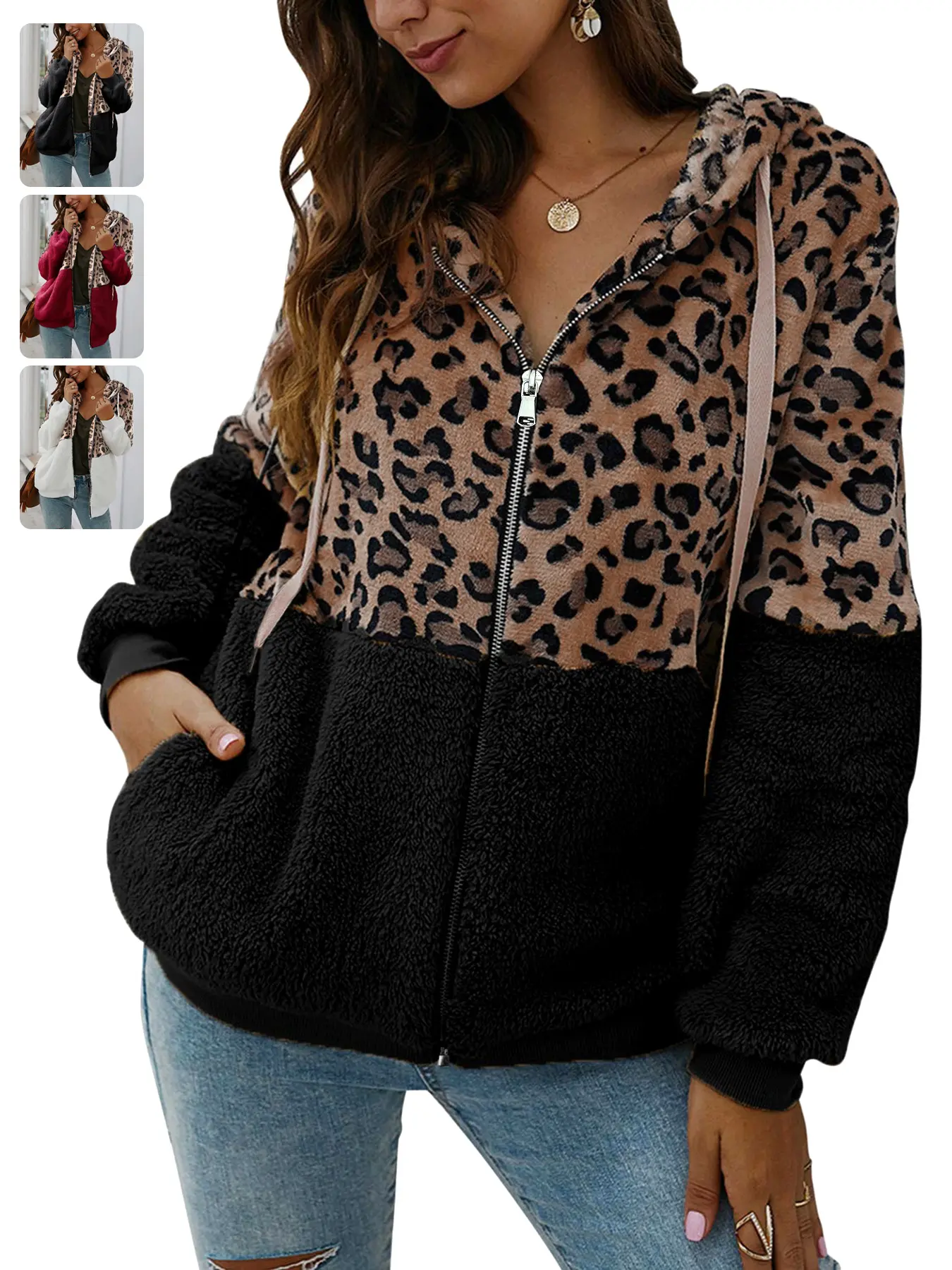 Renaishow Women's Soft Leopard Print Hooded Jacket, Loose Fuzzy Sherpa Zip-Up Tops, Casual Long-Sleeve Fleece Coat