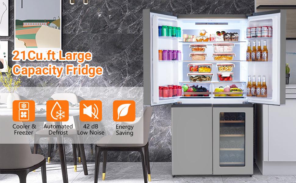 GARVEE 36 Inch Large Capacity French Door Refrigerator, 21 cu.ft Refrigerator with 4 Doors & Wine Cabinet, Dual Ice Maker, Adjustable Glass Shelves