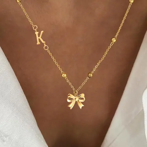 Initials Letter Bow Design Pendant Letters Necklace for Women, Stainless Steel Jewelry for Party, Daily Clothing Decor, Trendy All-match & Exquisite Jewelry for Birthday Gift, Alphabet Necklace, Fashionable Accessory