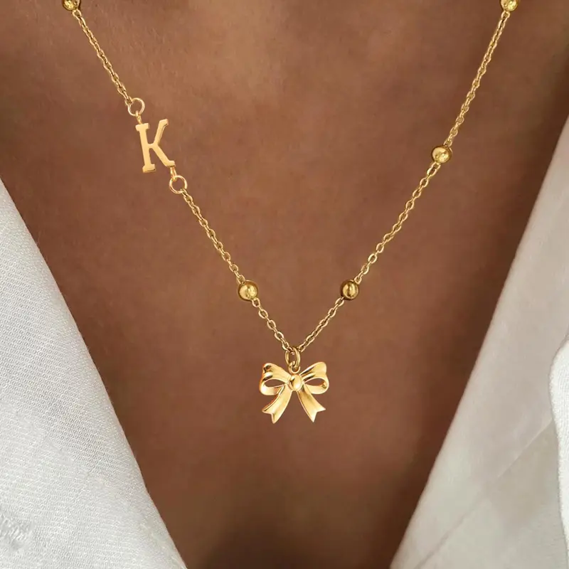 Initials Letter Bow Design Pendant Letters Necklace for Women, Stainless Steel Jewelry for Party, Daily Clothing Decor, Trendy All-match & Exquisite Jewelry for Birthday Gift, Alphabet Necklace, Fashionable Accessory