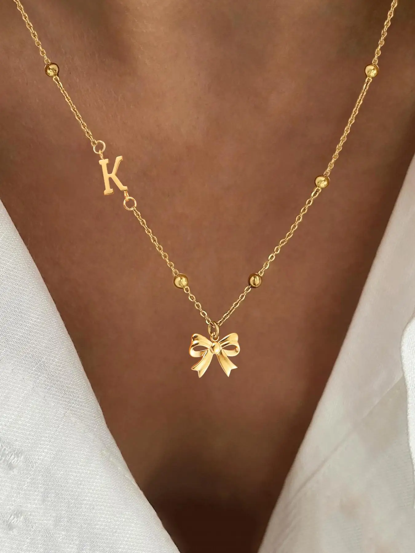 Initials Letter Bow Design Pendant Necklace for Women, Stainless Steel Jewelry for Party, Daily Clothing Decor, Trendy All-match & Exquisite Jewelry f