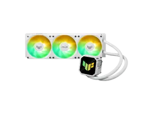 ASUS TUF Gaming LC III 360 ARGB White AIO cooler with pre-installed triple fans designed for high airflow and static pressure, plus an efficient pump to keep CPU temperatures under control