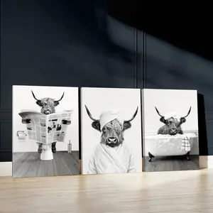 3pcs Cow Reading Wall Art, Bathroom Scene Poster, Monochrome Style Art Prints, Quirky Art Home Decor, Modern Wall Paintings, Cozy Canvas Posters Wall Arts, Decor for Living Room, Restaurant, Kitchen, Bedroom, Housewarming Gift, With Frame