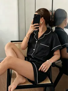 Women's Plain Pajama Set, Short Sleeve and Shorts, Casual Fitted Sleepwear, Comfortable Nightwear for Home, Soft and Cozy, Loungewear, Pjs, Button, Pockets