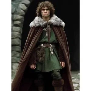 Medieval Hobbit Cloak, Brown with Artificial Fur Decoration Renaissance Hooded Witch Cloak Halloween Costume, Art Vintage Costume, One-Size-Fits-All Womenswear Accessories