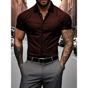 Men'S Muscle Fit Short Sleeve Dress Shirt, Solid Color Polyester 96% Spandex 4% Stretch, Woven Fabric, Lapel Collar, Button Detail, Work Style, Summer Party Wear, 125g/m² - Adult Menswear Top Business Casual Outfits Shortsleeve Workwear Wetsuit