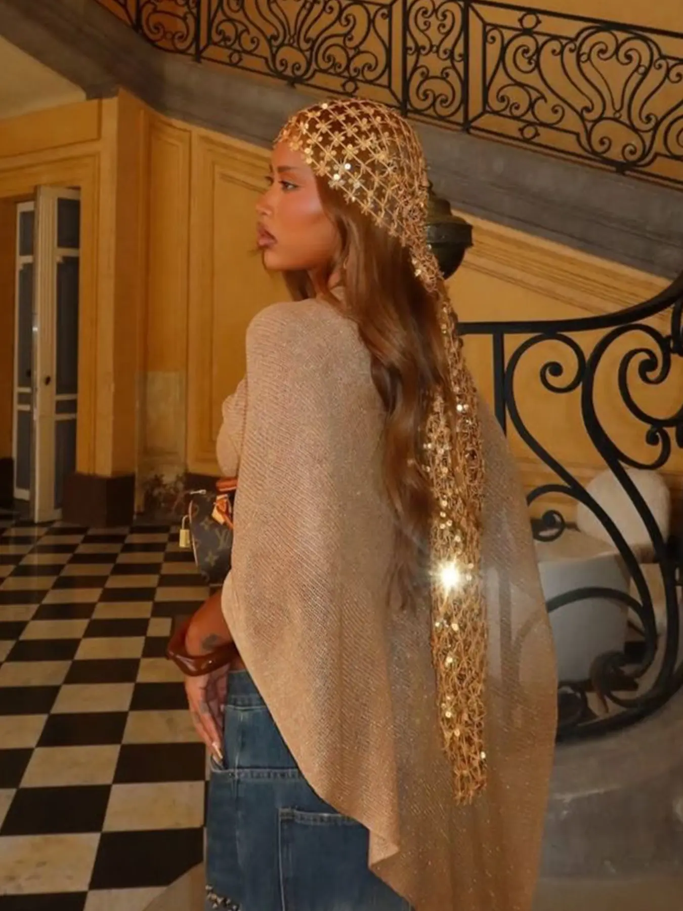 Women's Sparkling Sequin Scarf, Bohemian Mesh Long Shawl, Solid Color Fringe Scarf, Fashion Elegant Accessory, Boho Style Scarf