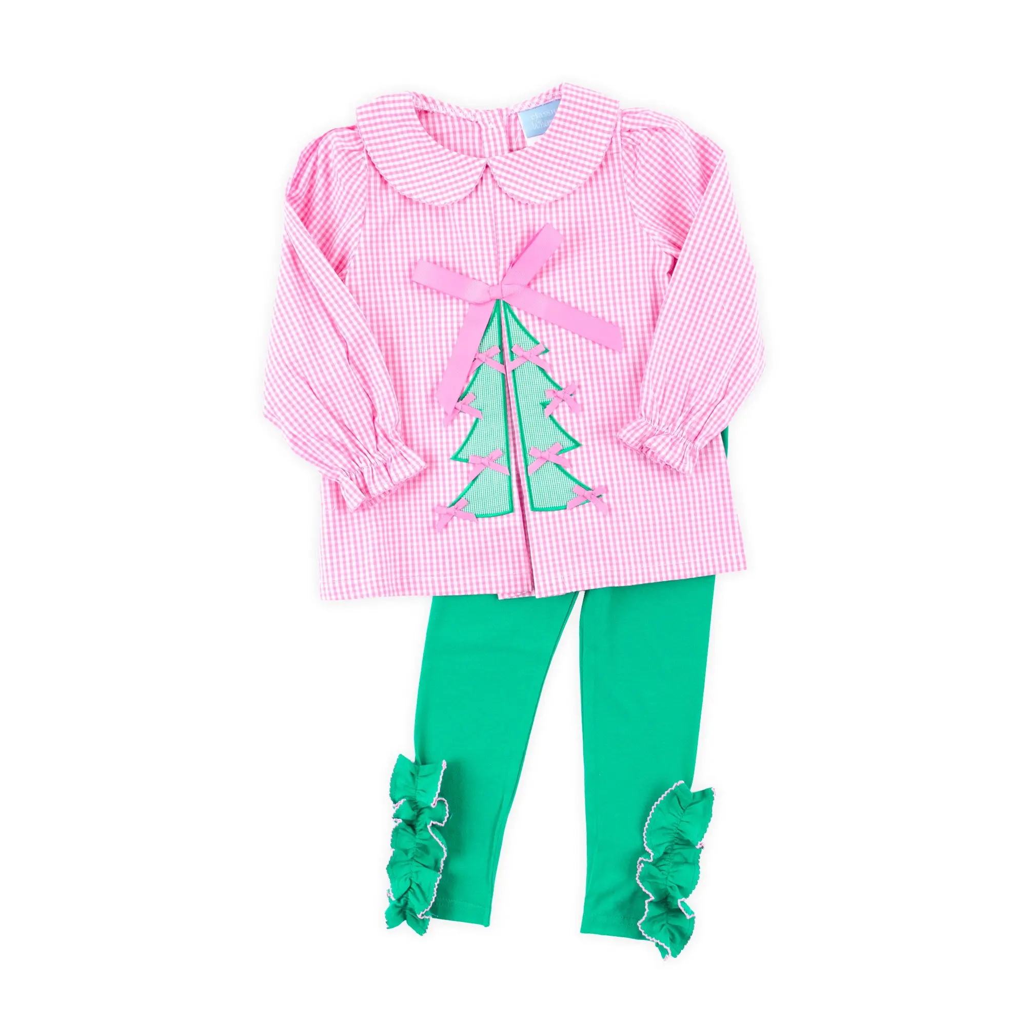 Christmas Tree Bows Pink Gingham  Legging Set - Elegant Two-Piece Holiday Outfit for Girls