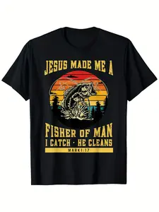 Allseason Clothing Vintage Christian T-Shirt - "Jesus Made Me a Fisher of Men" Inspirational Design, 100% Cotton Unisex Crew Neck Tee with Sunset & Fishing Graphic, S-XXXL Sizes, Black Casual Wear for Outdoor & Everyday Use
