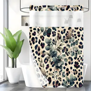 LVRLVR 1pc Boho Leopard Print Shower Curtain with Eucalyptus Leaves, Sheer Top Window, Detachable Liner & No Hook C-Ring, 70.8" x 74"