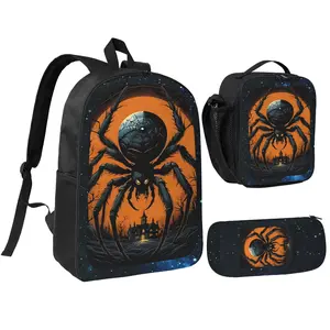 3-piece Spider Web Print PVC Backpack Set, Fashionable Lightweight Student Bag with Adjustable Shoulder Straps, Zipper Closure, Hand Washable, Suitable for Teenagers and Adults