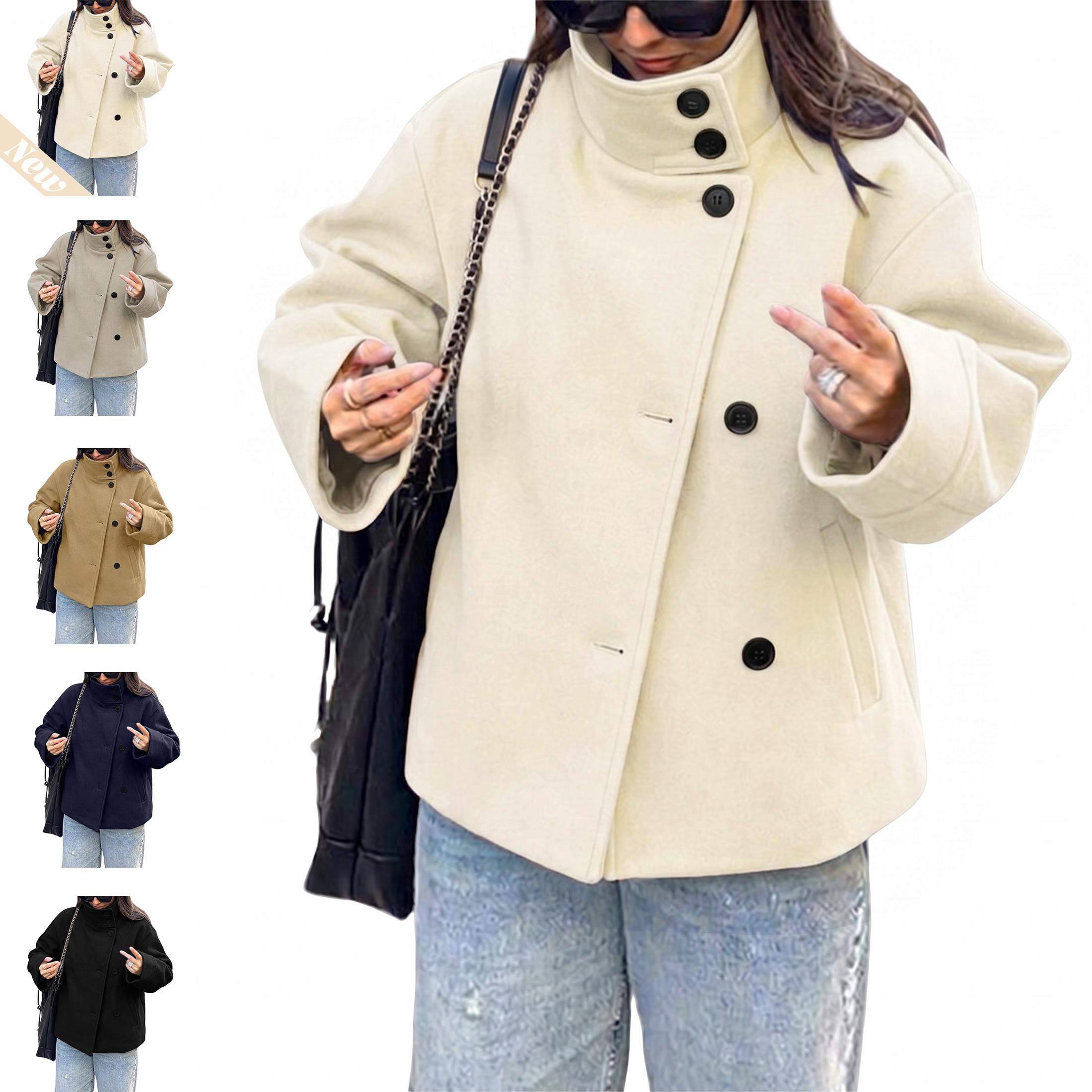 Buenoble Women Oversized Stand Collar Short Wool Blend Pea Coat Loose Double Button Minimalist Winter Casual Outerwear Jacket