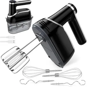 Cordless Electric Hand Mixer, 12-Speed Rechargeable Handheld Mixer with Eject Button, 6 Stainless Steel Attachments,  Storage Case, LED, Self-Stand for Baking, Cake, Dough, Egg (Black)
