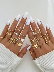 24 Piece Hollow Heart Leaf Butterfly Rose Ring Set, Casual Style Daily Wear, Perfect Gift for Women, Stacking Ring Set