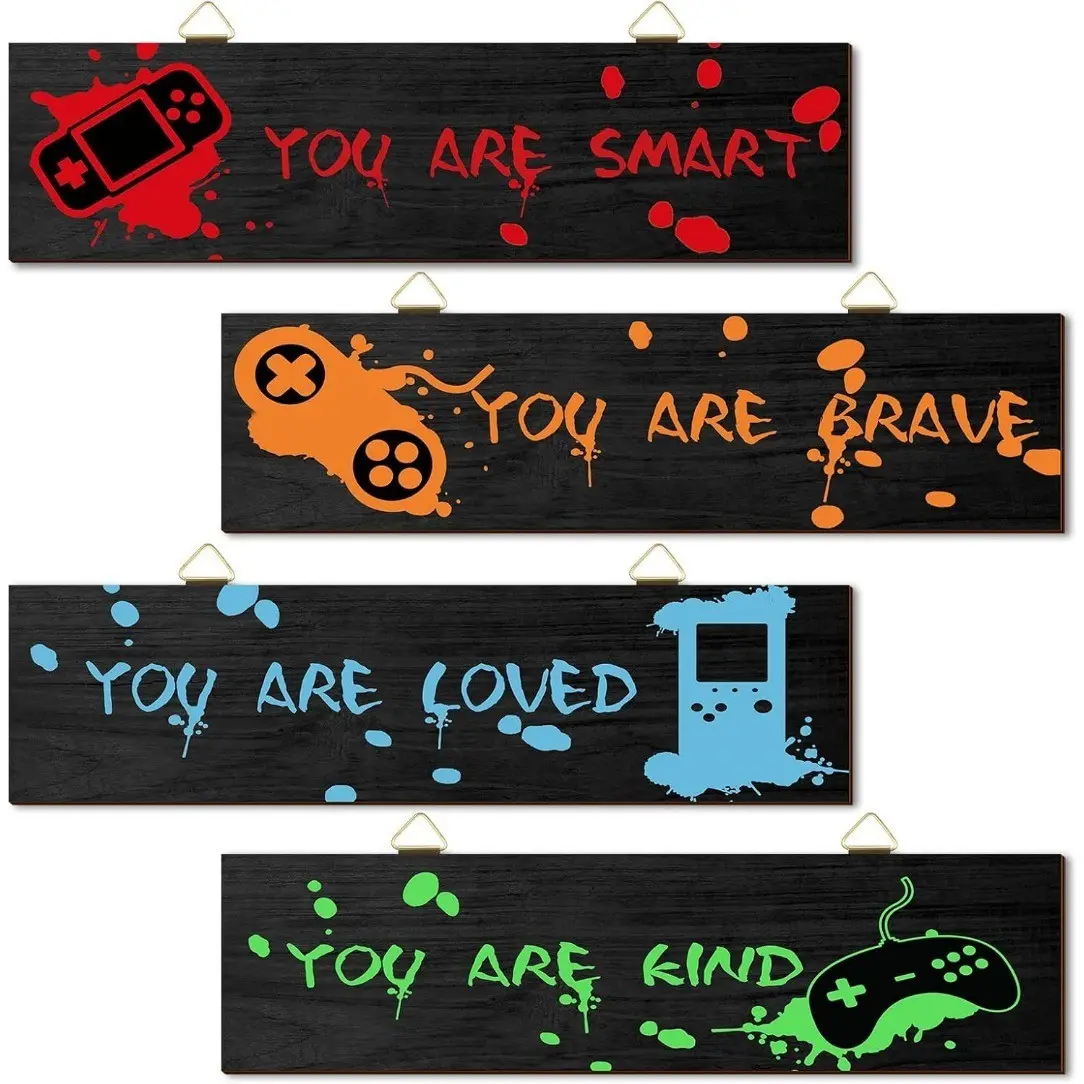 4 Piece Frameless Game Wall Art Set, Graphic Prints, 4x10 Inch Inspirational Quotes, Electronic Gaming Theme Decorations for Room Bedroom Game Room School Classroom
