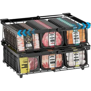 Freezer Organizer Bins, 2 Pack Expandable Stackable Chest Deep Freezer Organizer Bins, Foldable Freezer Baskets with Handles, Freezer Bins for 5 - 20 Cu.Ft Deep Freezer, Black