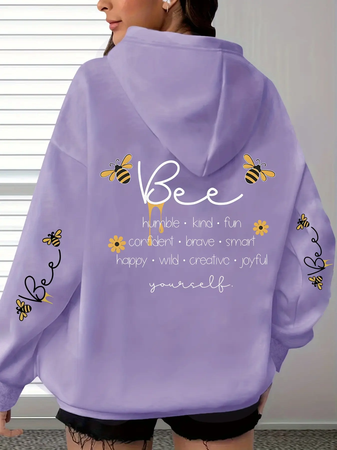 Letter & Bee Print Drawstring Hoodie, Casual Long Sleeve Kangaroo Pocket Sweatshirt, Perfect for Fall & Winter Seasons