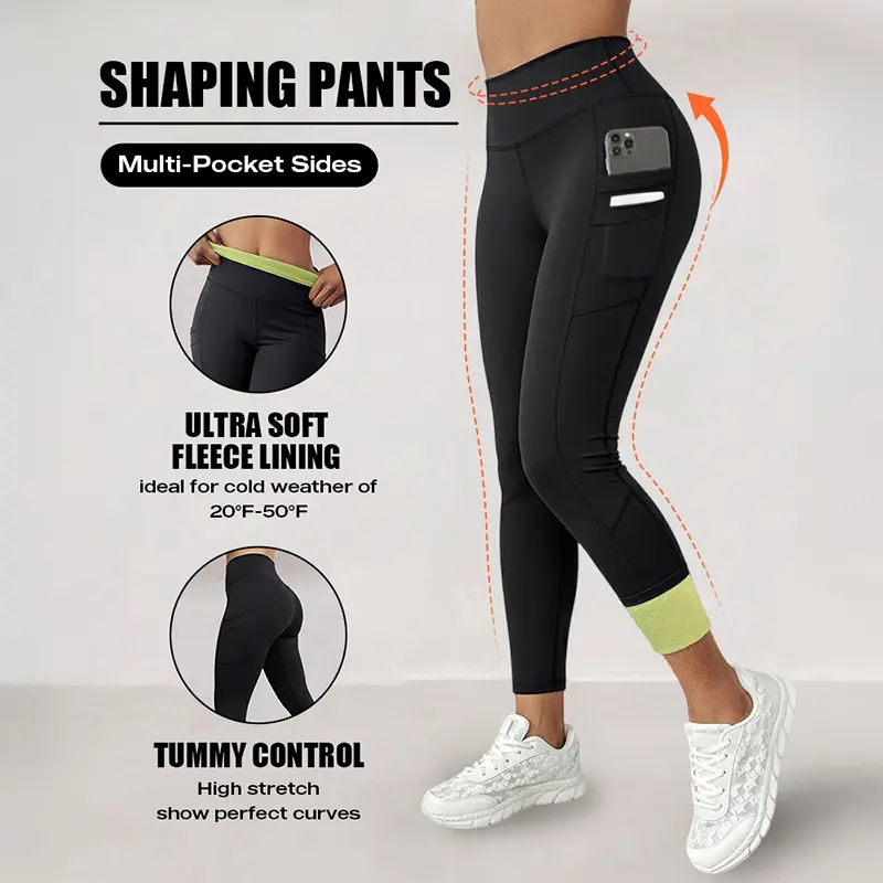 ChicMe Winter Warm High Waisted Workout Athletic Leggings Tummy Control Butt Lifting Ultra Soft Thermal Lined Yoga Pants Women's Sportswear with Stacked Slit Pockets On One Side