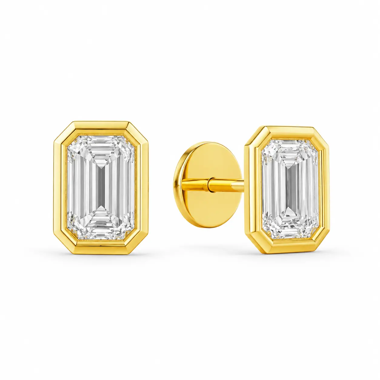 Emerald-Cut Bezel Stud Earrings 14KT Gold Lab Diamonds