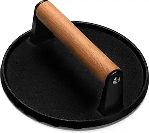 7" Heavy-Duty Cast Iron Burger Press with Wooden Handle for Griddle and Nonstick Pan