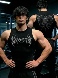 Men's Y2K Thorns Skull Print Gym Sports Vest, Athletic Training Apparel, Tight Fit Quick Dry Breathable Sleeveless Short Sleeve, Summer Running Volleyball Football Outdoor Sport