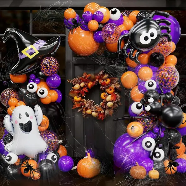Halloween Balloon Garland Arch Kit – 156Pcs Halloween Balloons in Black, Orange & Purple with Ghost, Spider, Witch Hat, Eyeball & Confetti Balloons – DIY Spooky Party Decorations for Indoor & Outdoor