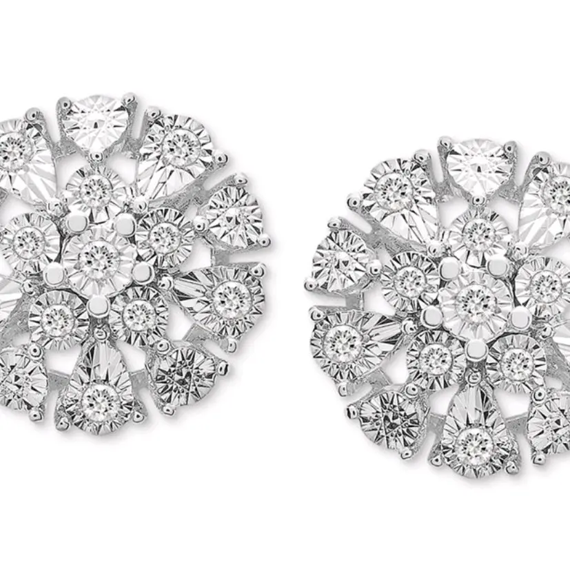 Sterling Silver Diamond Flower Burst Stud Earrings 1/10ct - 1/20 Carat Total Weight, I-J Diamond Color Rating, I3 Diamond Clarity Rating, Round Shape