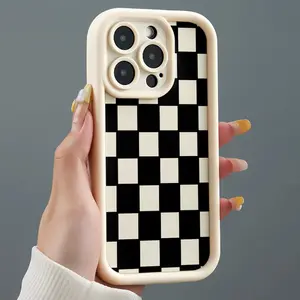 Retro Checkerboard Pattern Soft TPU Full Coverage Anti-Drop Phone Case for iPhone 17 16 15 14 13 12 11 X XS Pro Max Plus Samsung Galaxy S25 S24 S23 S22 S21 Shockproof