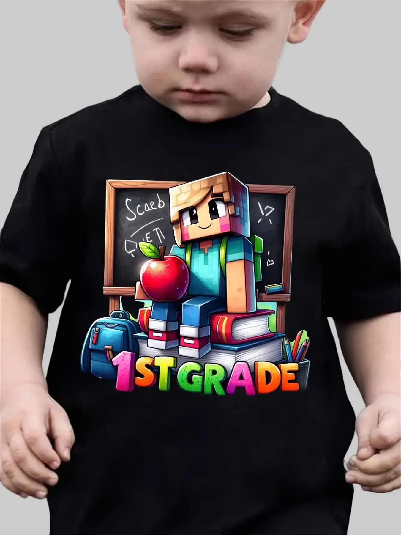 1st Grade Boys T-Shirt Minecrafter Character Chalkboard Book Apple Backpack Pencil Cartoon Graphic Short Sleeve Cotton Black First Day Of School Kids Tee