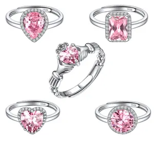 ChicSilver S925 Pink Solitaire Halo Adjustable Ring Pink Clothing Decor Birthstone Heart/Pear/Teardrop/Step/Round Cut Cubic Zirconia 925 Sterling Silver Adjustable Band Ring Daily Minimalist Casual Sparkling Ring Birthday Gift Summer Jewelry for Women