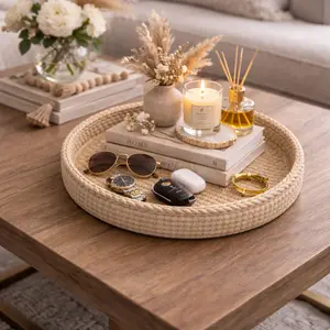 Oak Haven Woven Catchall Tray - Real Wood PLA 3D Printed Fiber Knitted Texture for Coffee Tables Nightstands & Entry Tables - Warm Oak Tone for Modern Farmhouse Minimalist Cozy Home Styles