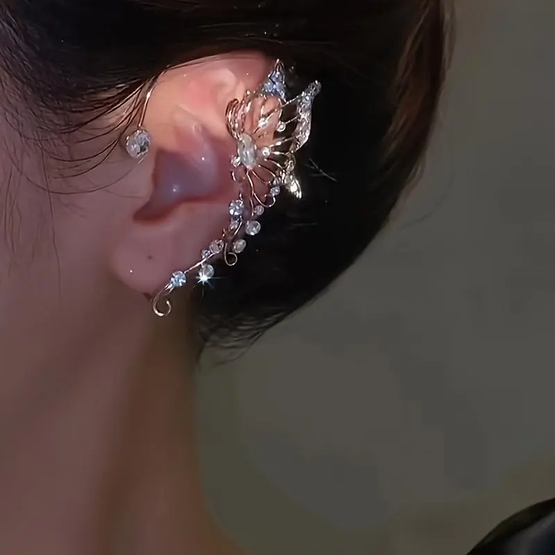 2pcs/set Sparkling Fairy Wing Butterfly Ear Cuff Earrings - Butterfly Wing & Fairy Wing Design, Inlaid Synthetic Synthetic Zirconia Suitable for Parties, Weddings, Daily Wear, Year-Round Elegant Jewelry for Special Occasions women