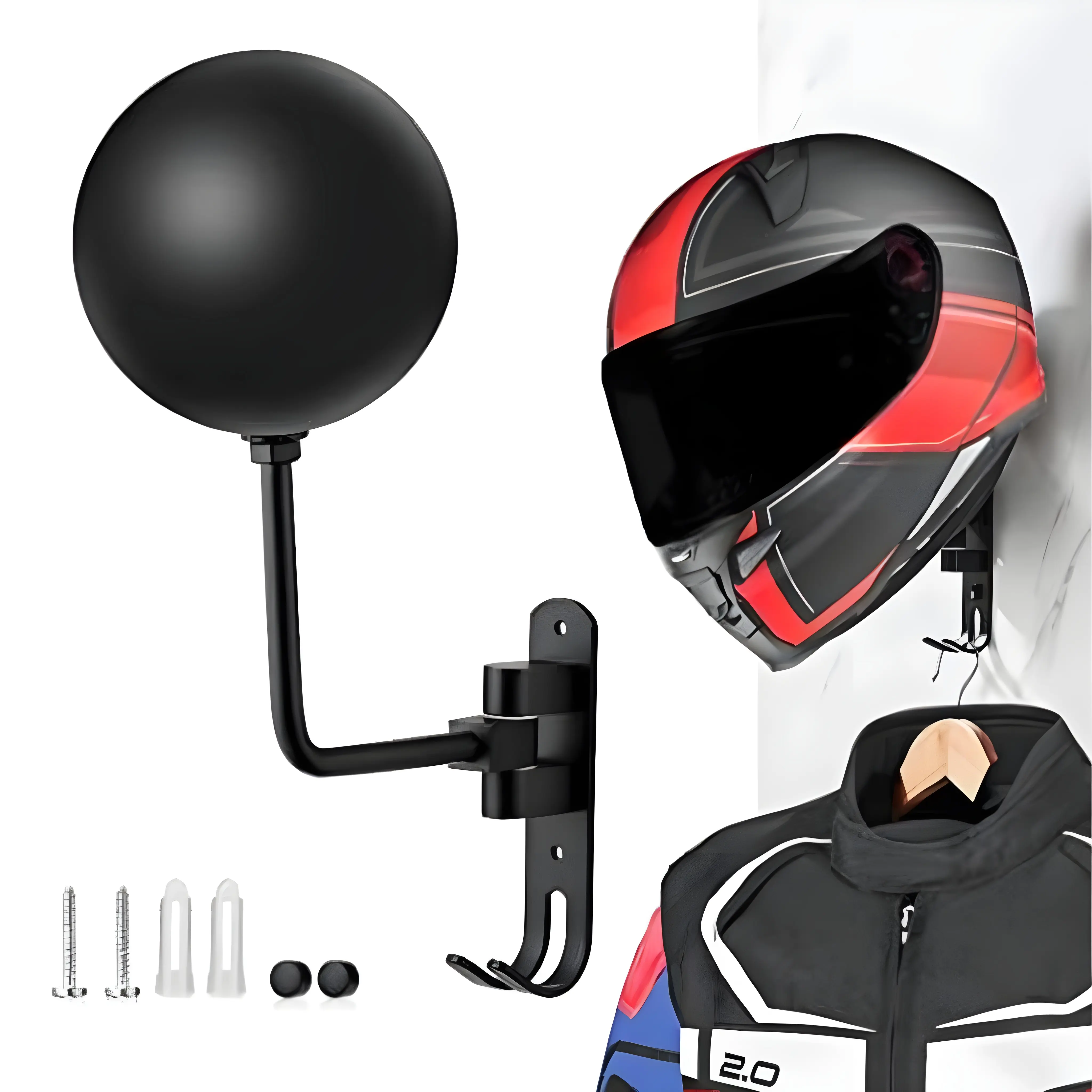 180° Rotating Wall-Mounted Motorcycle Helmet Rack | Heavy-Duty Steel Hanger with Dual Hooks for Helmets, Coats, Gear, Caps, Sports & Garage Organization