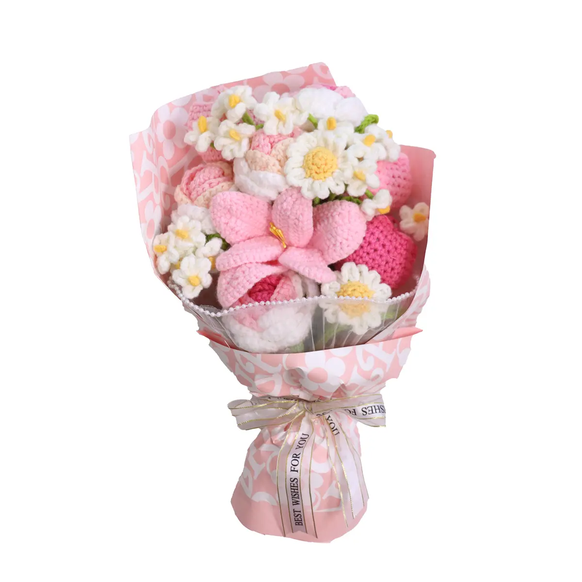 Handmade Crochet Flower Bouquet, Forever Knitted Daisy & Pink Flower Arrangement, Finished Wrapped Bouquet, Unique Gift for Birthday, Thanksgiving, Home Desk Decor