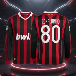 09 10 Home Red And Black 80# Ronaldinho Long Sleeve Retro Soccer Jersey Fans Version