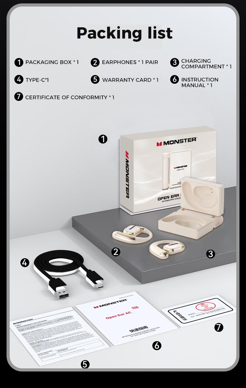 Monster AC530 Open-Ear Mic Headset, Dual-Fold Design, Mic Noise Cancellation Headphones, 100H Long Battery Life Bluetooth 6.0 Wireless Earbuds, Touch Control, IPX5 Sweatproof, for Running, Workout, Driving, Back to School– Gifts for Men & Women