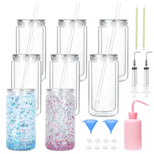 8 Pack 16oz Acrylic Snow Globe Tumbler, Double Wall Plastic Cup with Lid, Straw & DIY Tool Kit, Great for DIY Snow Globe Gifts