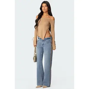 Faux Suede Stripe Low Rise Straight Leg Jeans