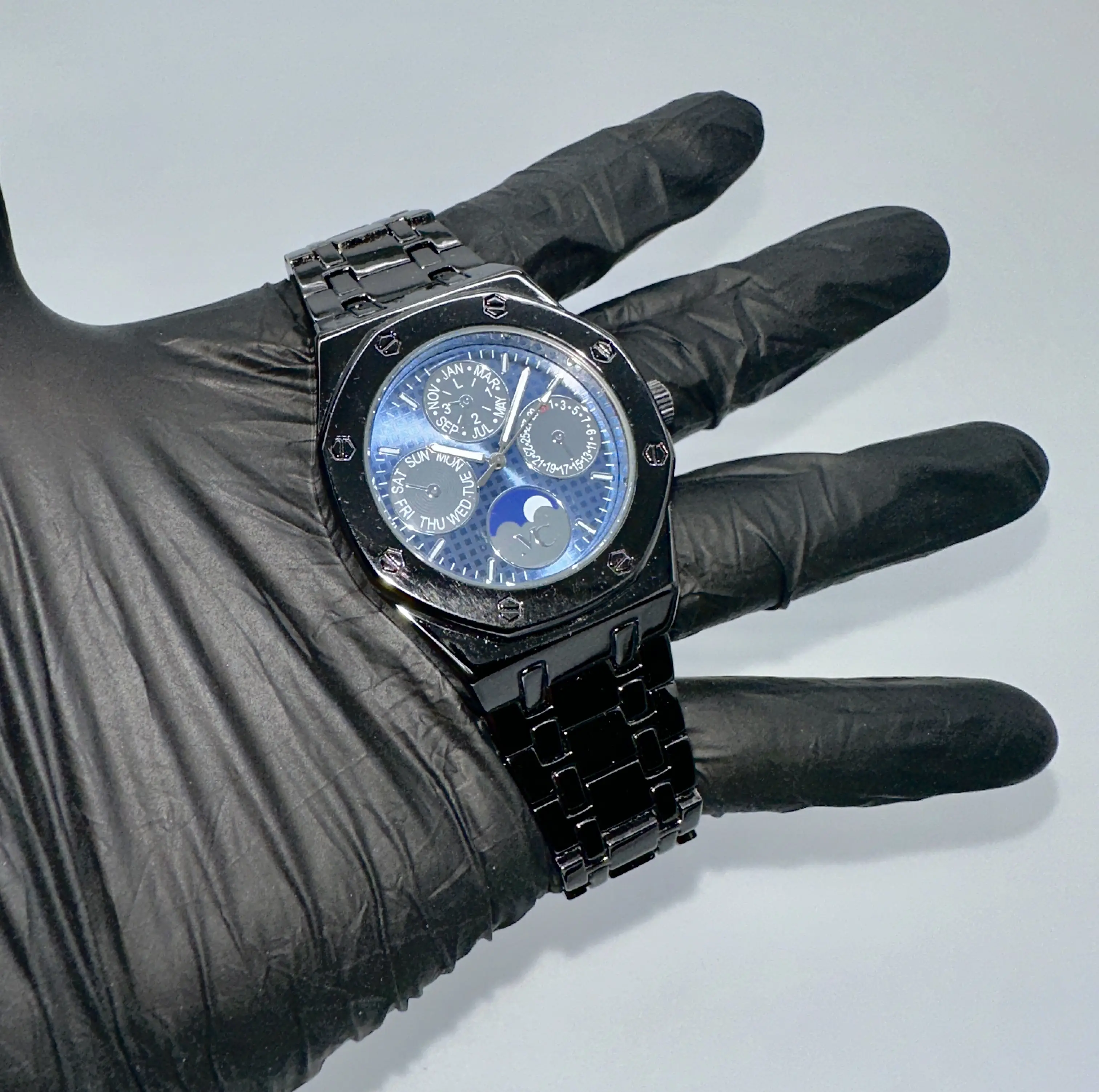 18K Gold Chronograph Moonphase Dial Octagonal Metal Strap Luxury Watch