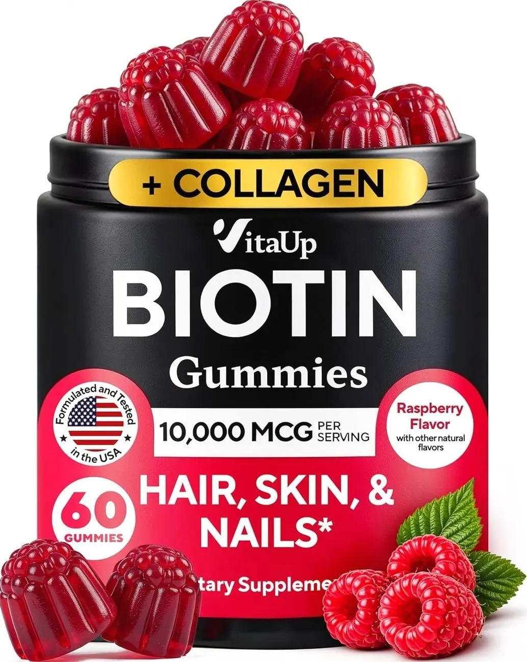 Biotin Gummies 10000mcg for Women and Men - Extra Strength Hair, Skin and Nails Gummies with Collagen - Natural Biotin Gummy Supplement for Hair, Skin, Nails Support - 60 ct