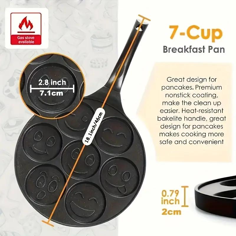 7-hole Non-stick Pancake Pan Egg Frying Pan Mini Detachable Handle Pancake Skillet Non-stick Aluminum Material 7 Unique Smiley Face Designs Easy to Clean Perfect for Kids' Breakfast Smiley Face Egg Pan with Cool-touch Handle